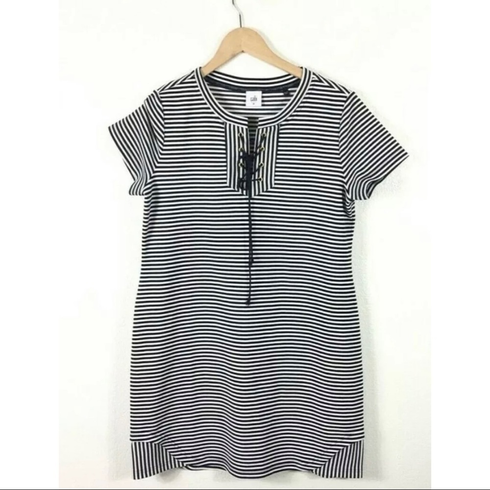 Cabi Sz M Navy Blue White Striped Lace Up Nautical Shift Dress Summer Beach - Picture 9 of 9